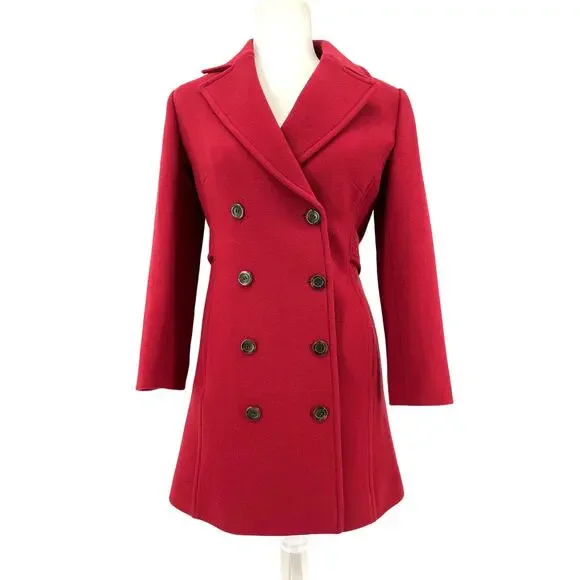 J. Crew Women's 2 Red Wool‎ Double Breasted Lady Day Pea Winter Mid Length Coat - Picture 4 of 9